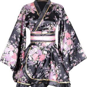 Japanese Geisha Kimono Costume – Floral Pattern Yukata Gown with Obi Belt